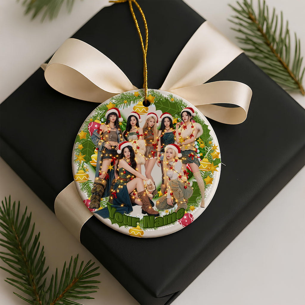 BABYMONSTER Santa Party Custom Name Ornament - ceramic round ornament, another view, fan-made kpop personalized Christmas ornament