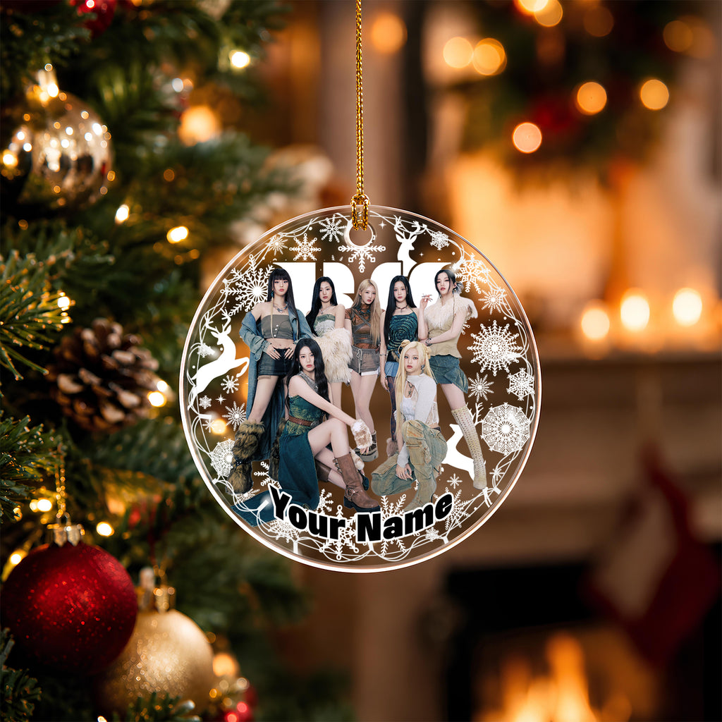 BABYMONSTER Silver Snowflake Custom Name Ornament - acrylic round ornament, fan-made kpop personalized Christmas ornament