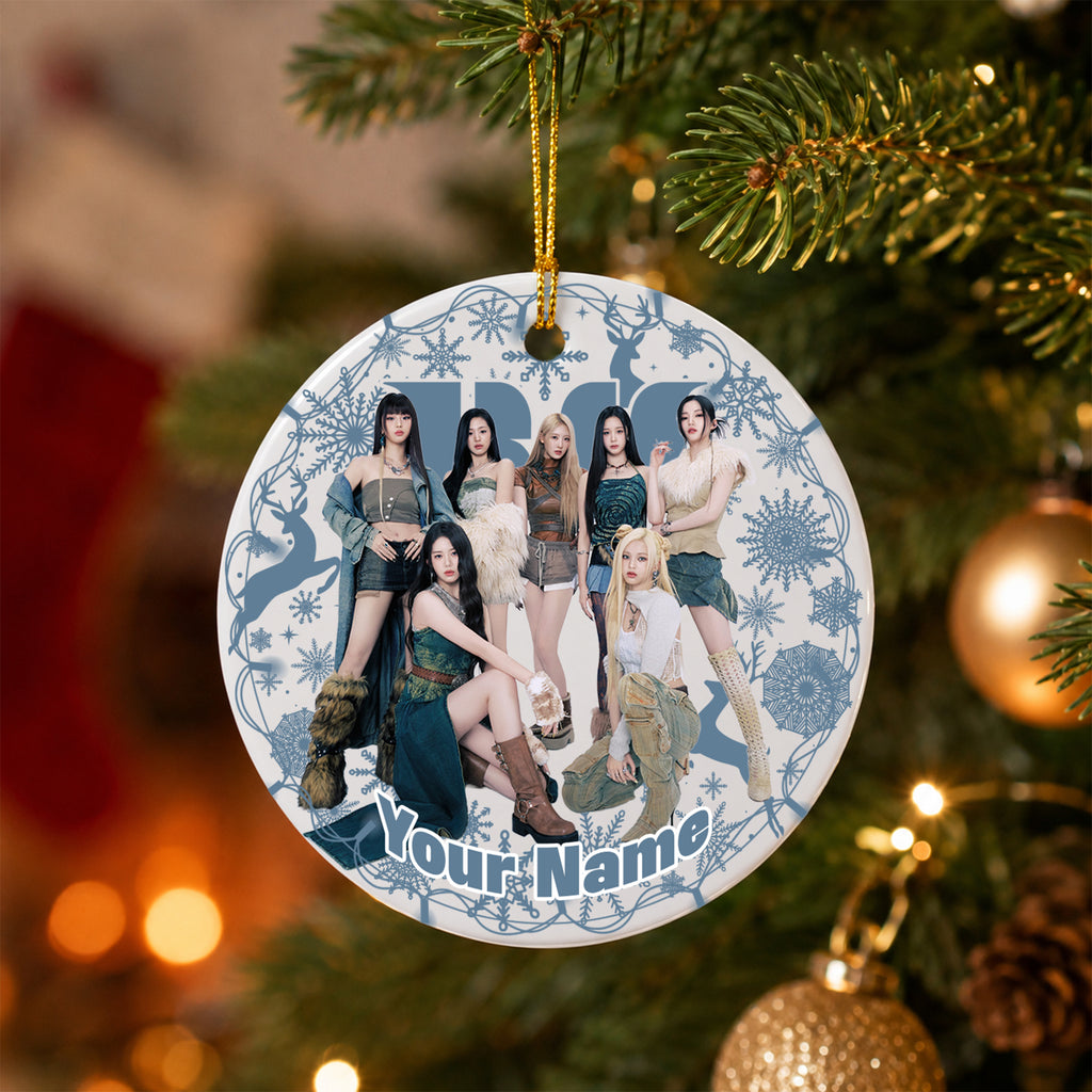 BABYMONSTER Silver Snowflake Custom Name Ornament - ceramic round ornament, fan-made kpop personalized Christmas ornament