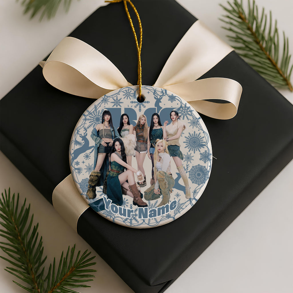 BABYMONSTER Silver Snowflake Custom Name Ornament - ceramic round ornament, another view, fan-made kpop personalized Christmas ornament