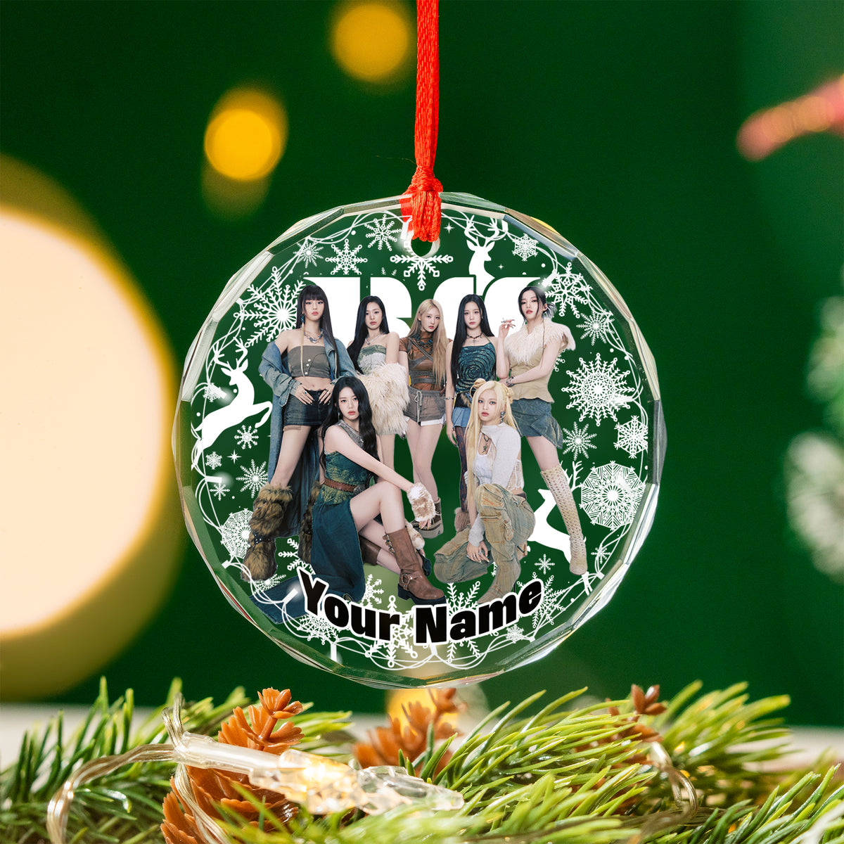 BABYMONSTER Silver Snowflake Custom Name Ornament - glass round ornament, another view, fan-made kpop personalized Christmas ornament