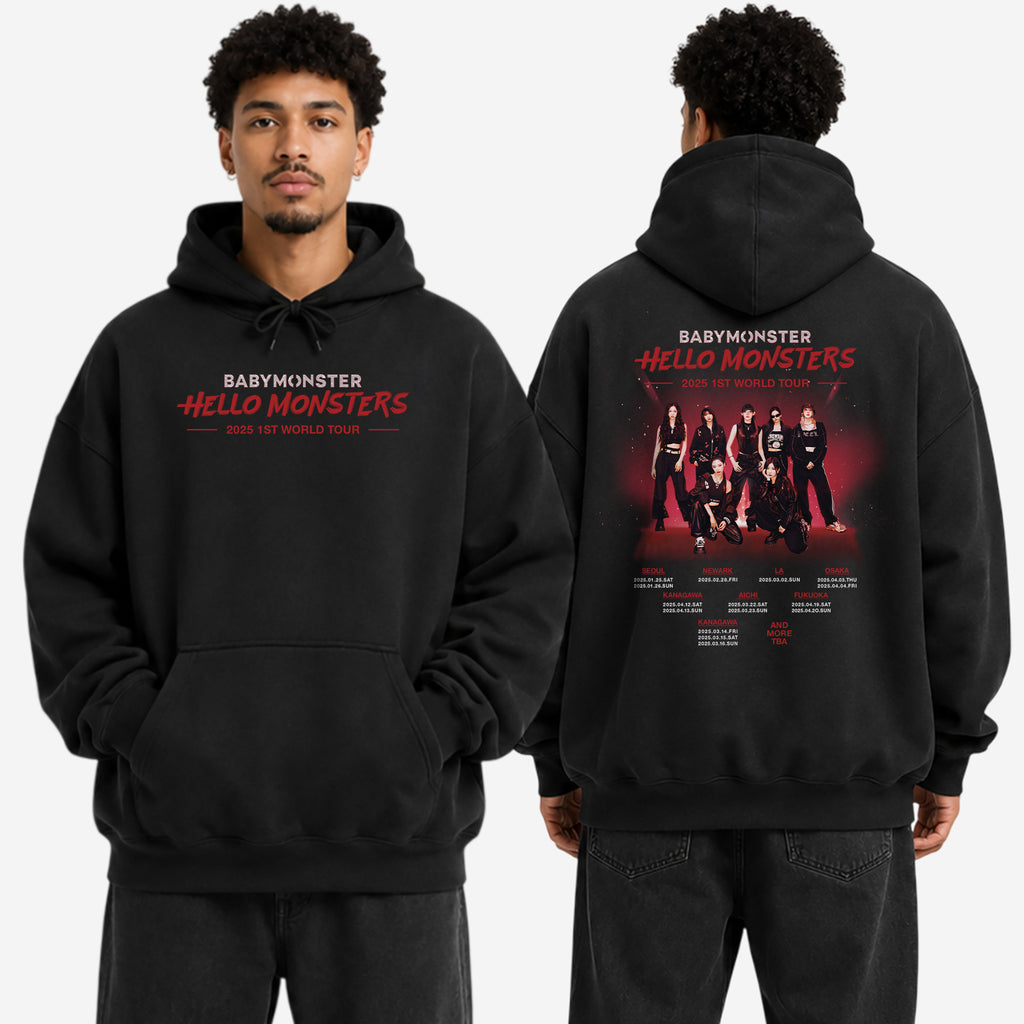 BABYMONSTER first tour Hoodie - Men view, Y2K kpop concert hoodie
