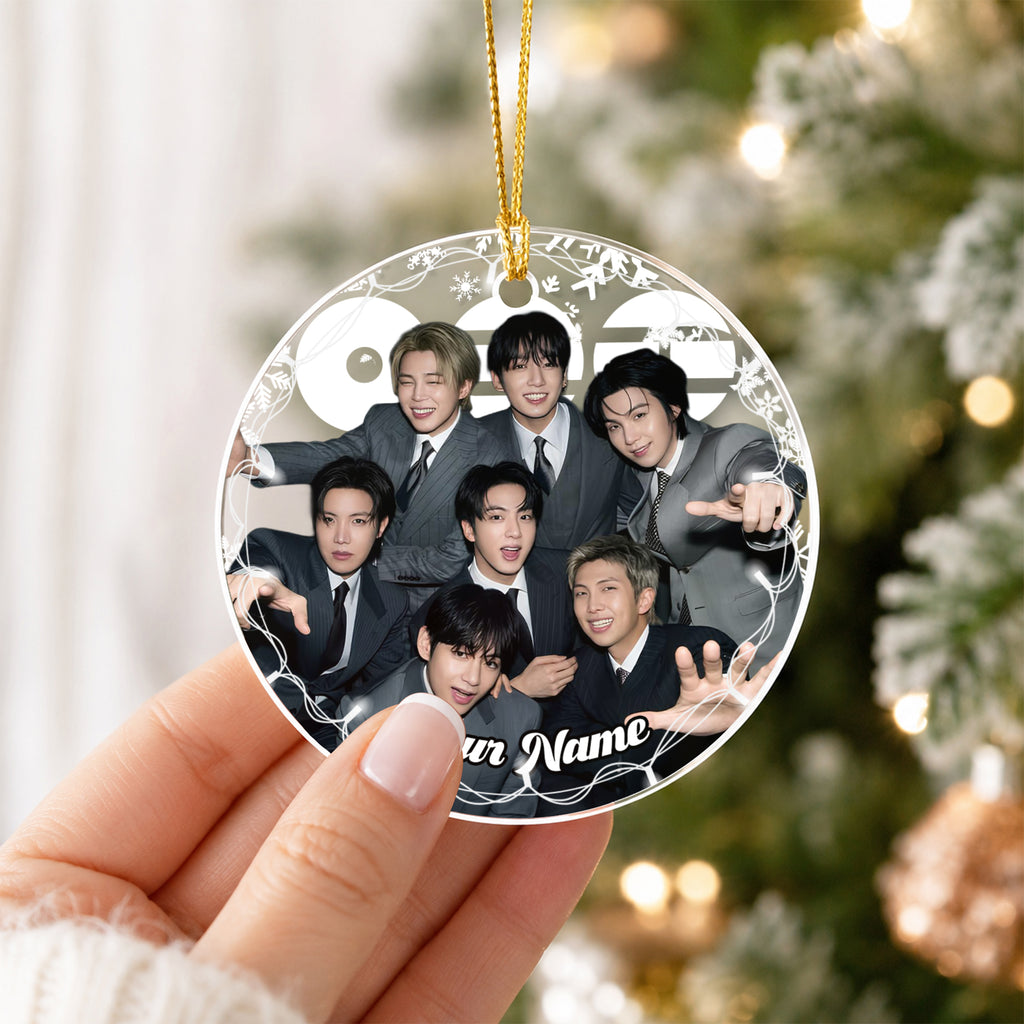 BTS Suit Up Custom Name Ornament - acrylic round ornament, fan-made kpop personalized Christmas ornament