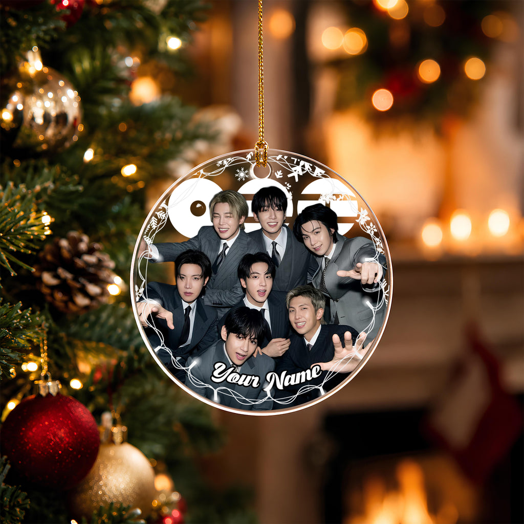 BTS Suit Up Custom Name Ornament - acrylic round ornament, another view, fan-made kpop personalized Christmas ornament