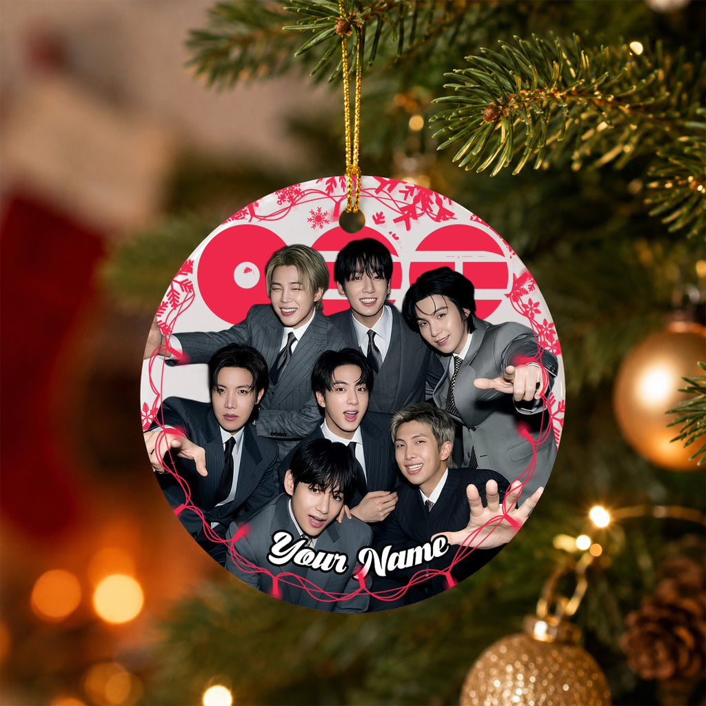 BTS Suit Up Custom Name Ornament - ceramic round ornament, fan-made kpop personalized Christmas ornament