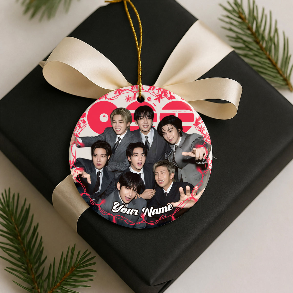 BTS Suit Up Custom Name Ornament - ceramic round ornament, another view, fan-made kpop personalized Christmas ornament