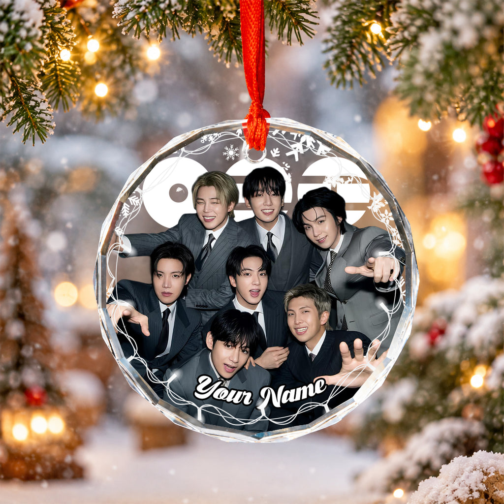 BTS Suit Up Custom Name Ornament - glass round ornament, fan-made kpop personalized Christmas ornament