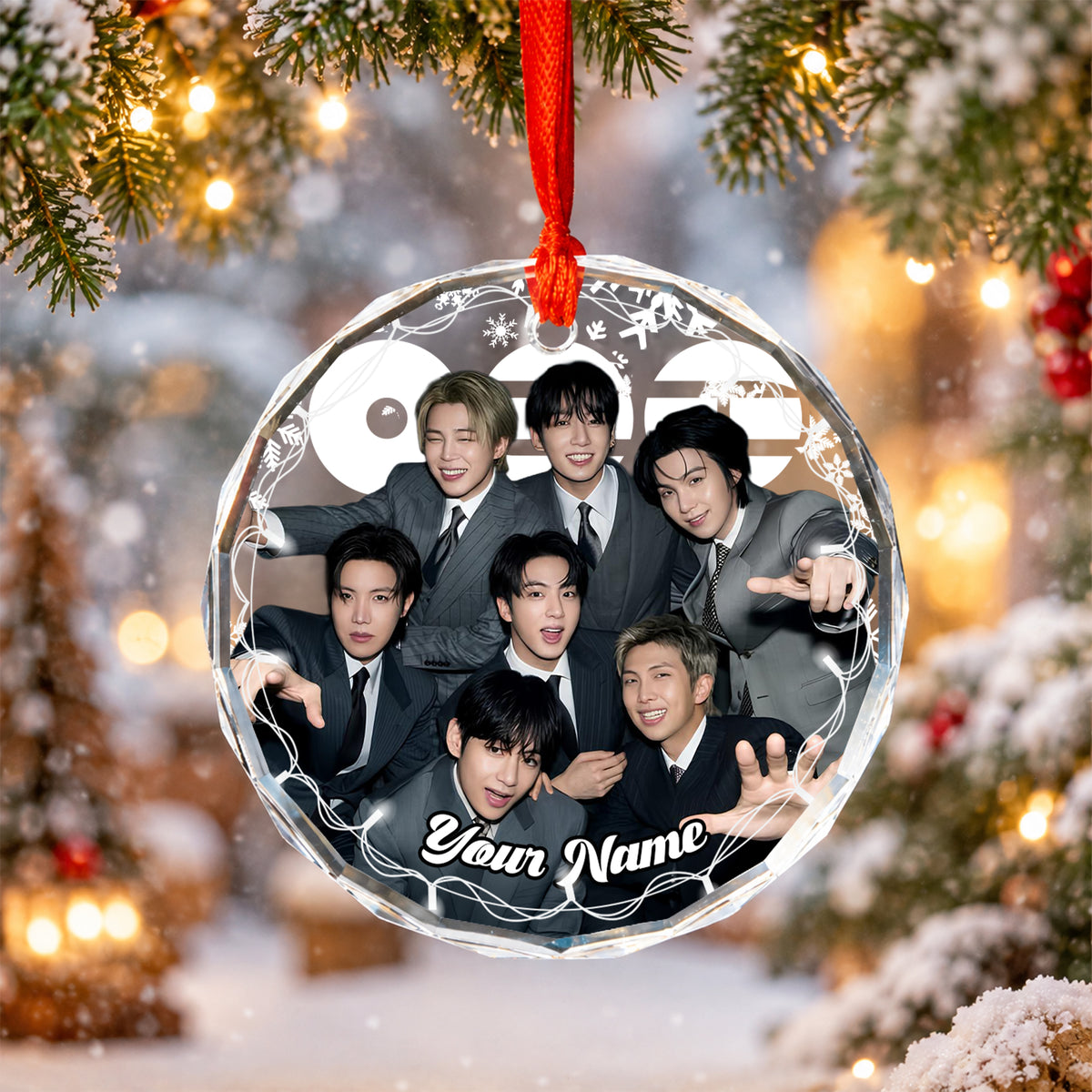 BTS Suit Up Custom Name Ornament - glass round ornament, fan-made kpop personalized Christmas ornament