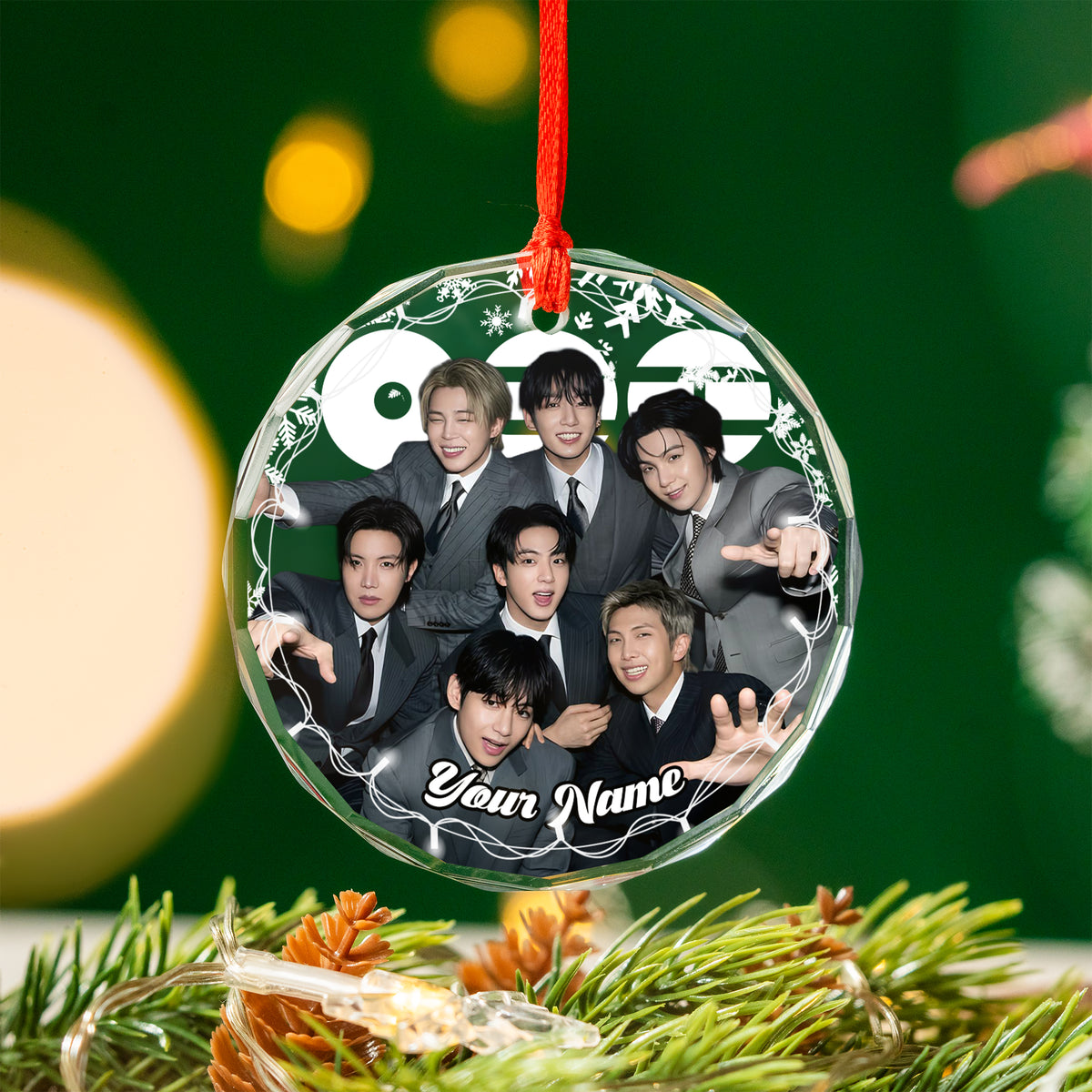 BTS Suit Up Custom Name Ornament - glass round ornament, another view, fan-made kpop personalized Christmas ornament