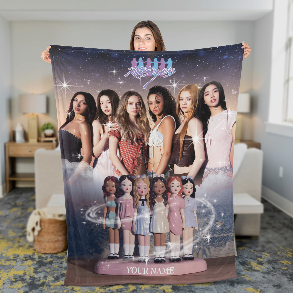 KATSEYE Graphic Custom Name Blanket - held up to show the full print, fan-made kpop personalized fleece blanket
