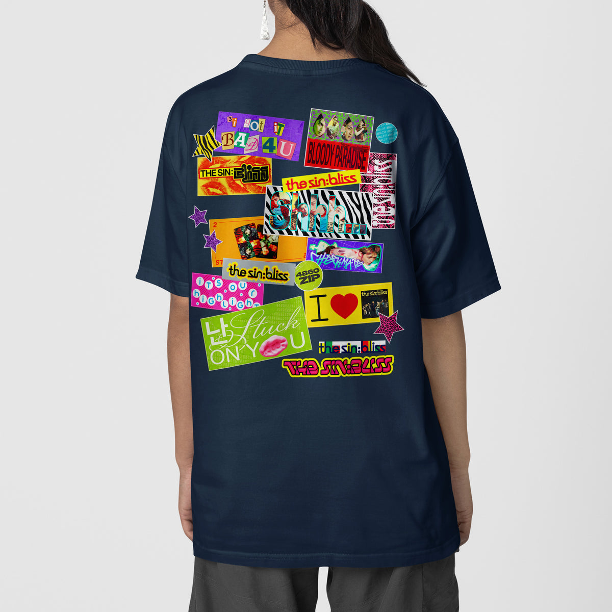 ENHYPEN THE SIN BLISS Stickers T-Shirt - Back view, Y2K kpop concert tee