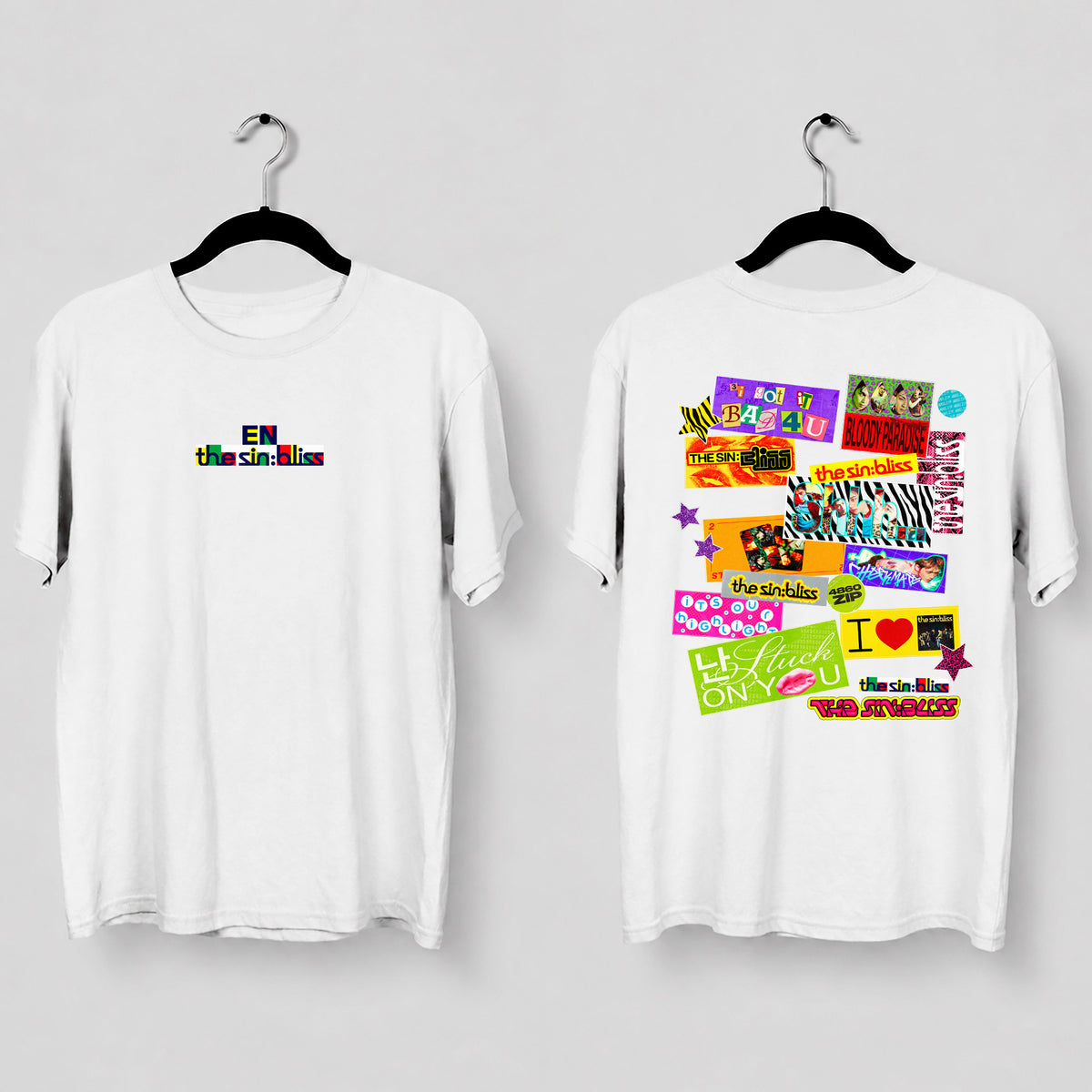 ENHYPEN THE SIN BLISS Stickers T-Shirt - Main view, Y2K kpop concert tee