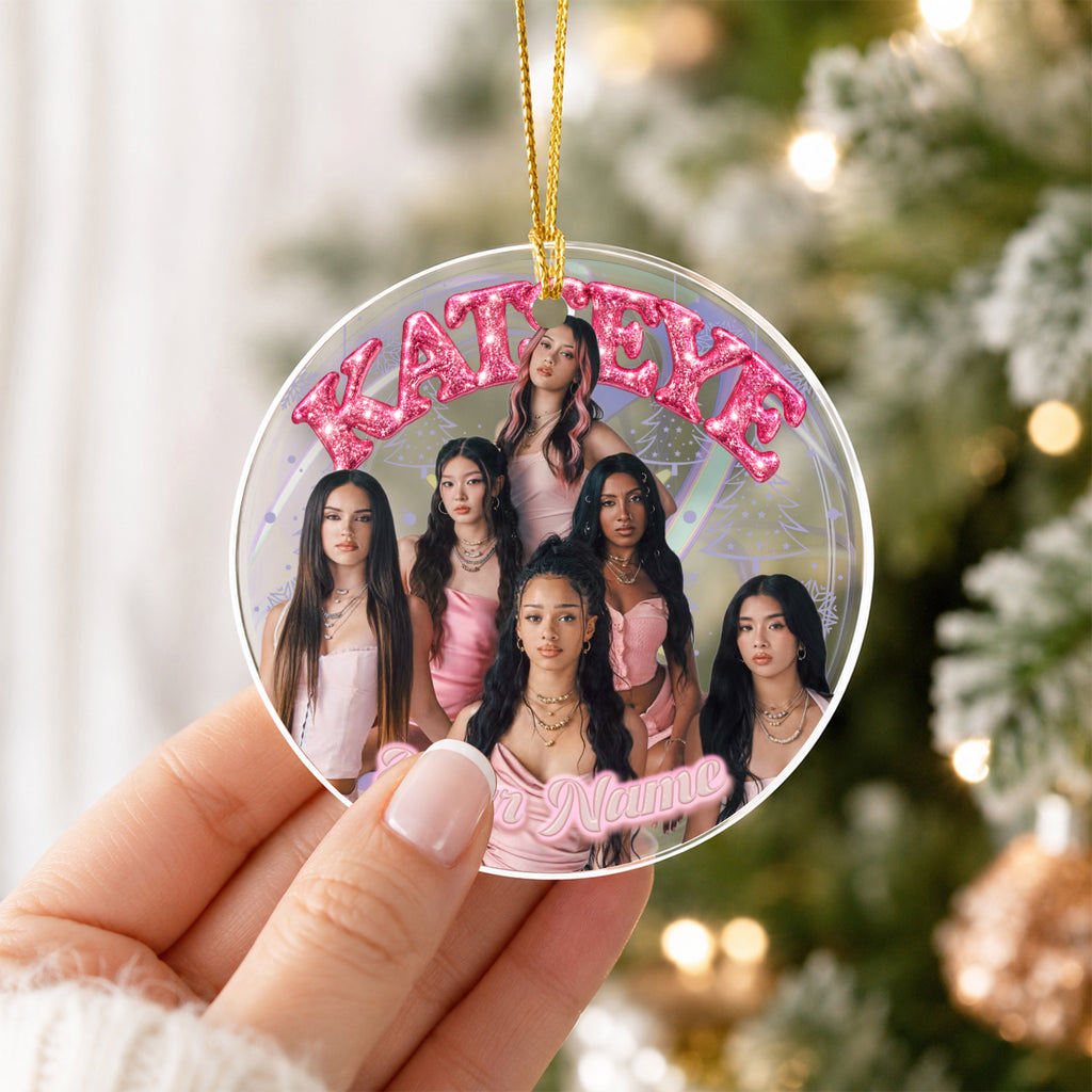 KATSEYE Pink Girl Custom Name Ornament - acrylic round ornament, fan-made kpop personalized Christmas ornament