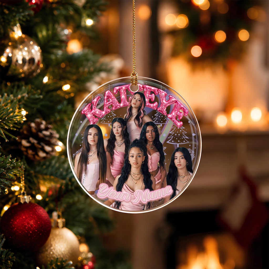 KATSEYE Pink Girl Custom Name Ornament - acrylic round ornament, another view, fan-made kpop personalized Christmas ornament