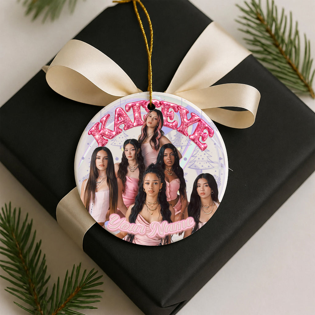 KATSEYE Pink Girl Custom Name Ornament - ceramic round ornament, another view, fan-made kpop personalized Christmas ornament