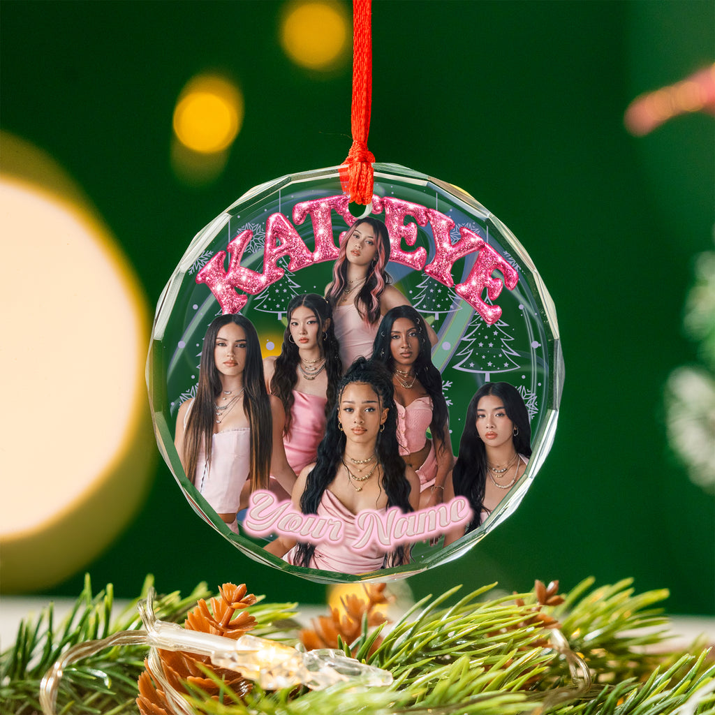 KATSEYE Pink Girl Custom Name Ornament - glass round ornament, another view, fan-made kpop personalized Christmas ornament