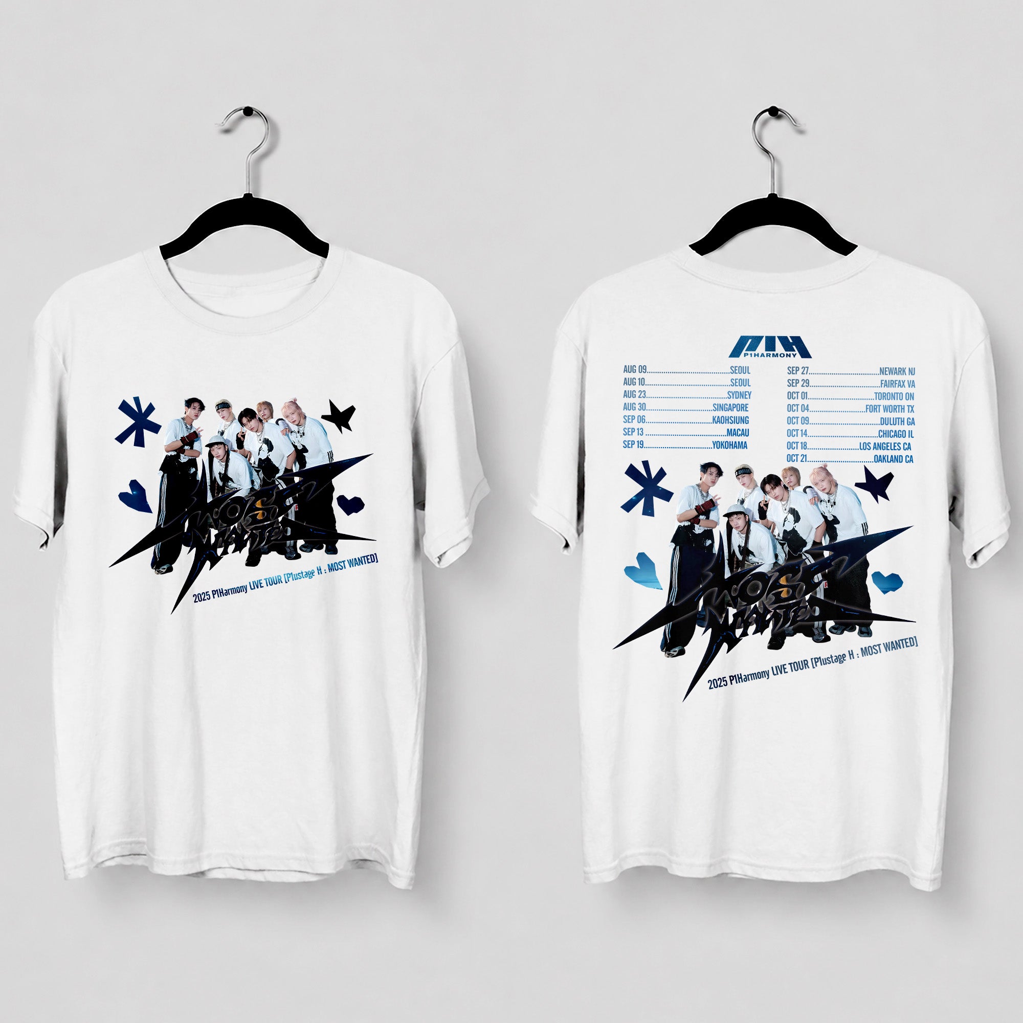 P1Harmony P1ustage H : Most Wanted Tour 2025 T-Shirt - Main view, Y2K kpop concert tee