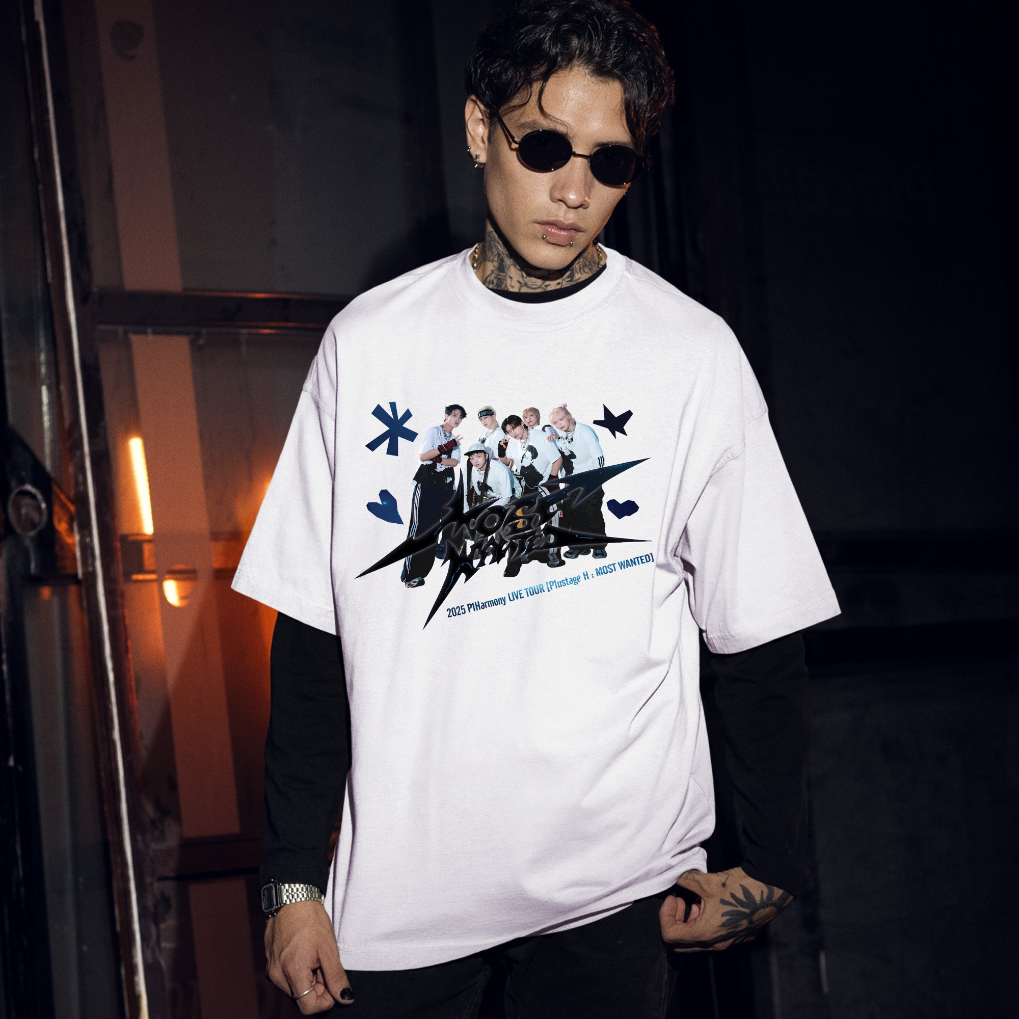 P1Harmony P1ustage H : Most Wanted Tour 2025 T-Shirt - Men Front view, Y2K kpop concert tee