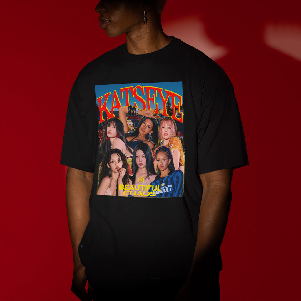 KATSEYE Beautiful Chaos T-Shirt - Men view, Y2K kpop concert tee