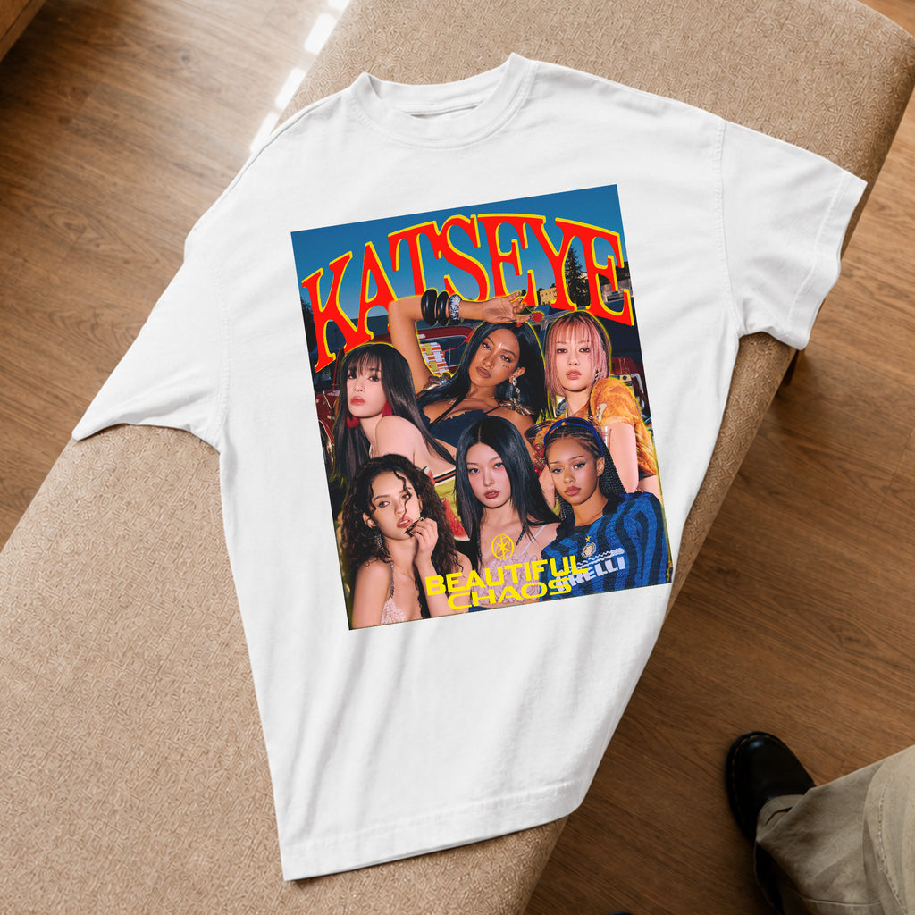 KATSEYE Beautiful Chaos T-Shirt - Spread view, Y2K kpop concert tee