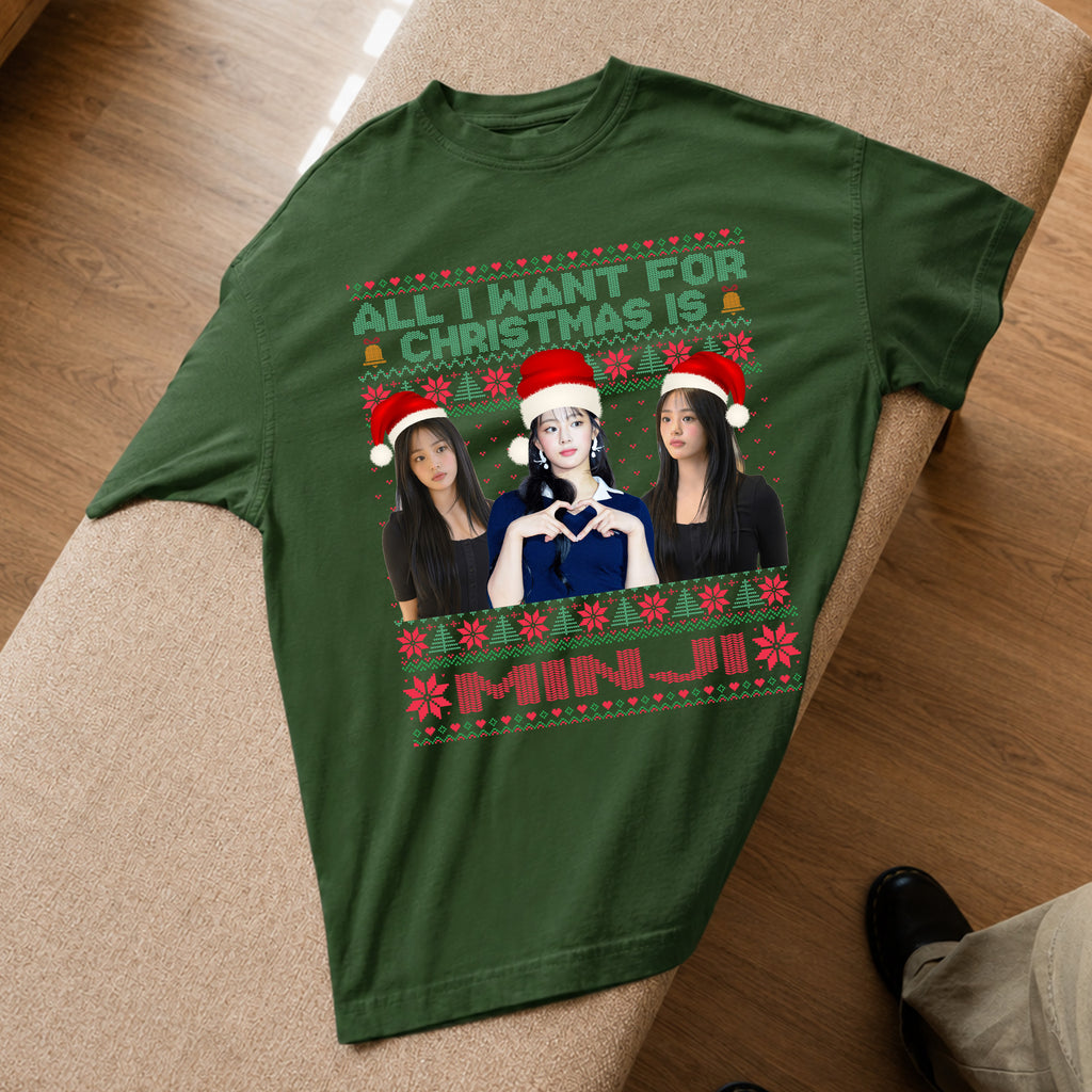 All You Want For Christmas Is Minji T-Shirt - Spread view, Y2K kpop concert tee