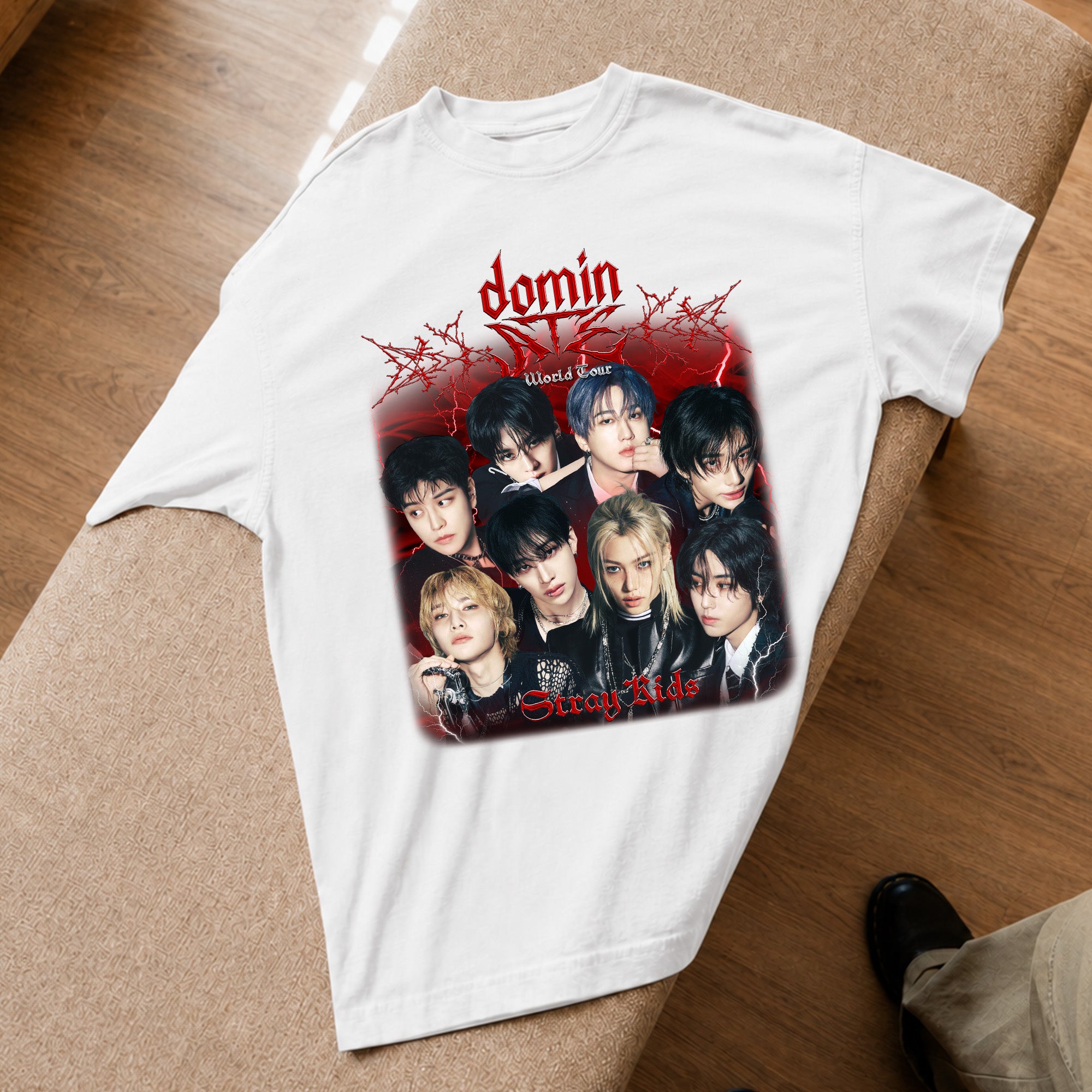 Stray Kids DominATE World Tour Retro T-Shirt - Spread view, Y2K kpop concert tee