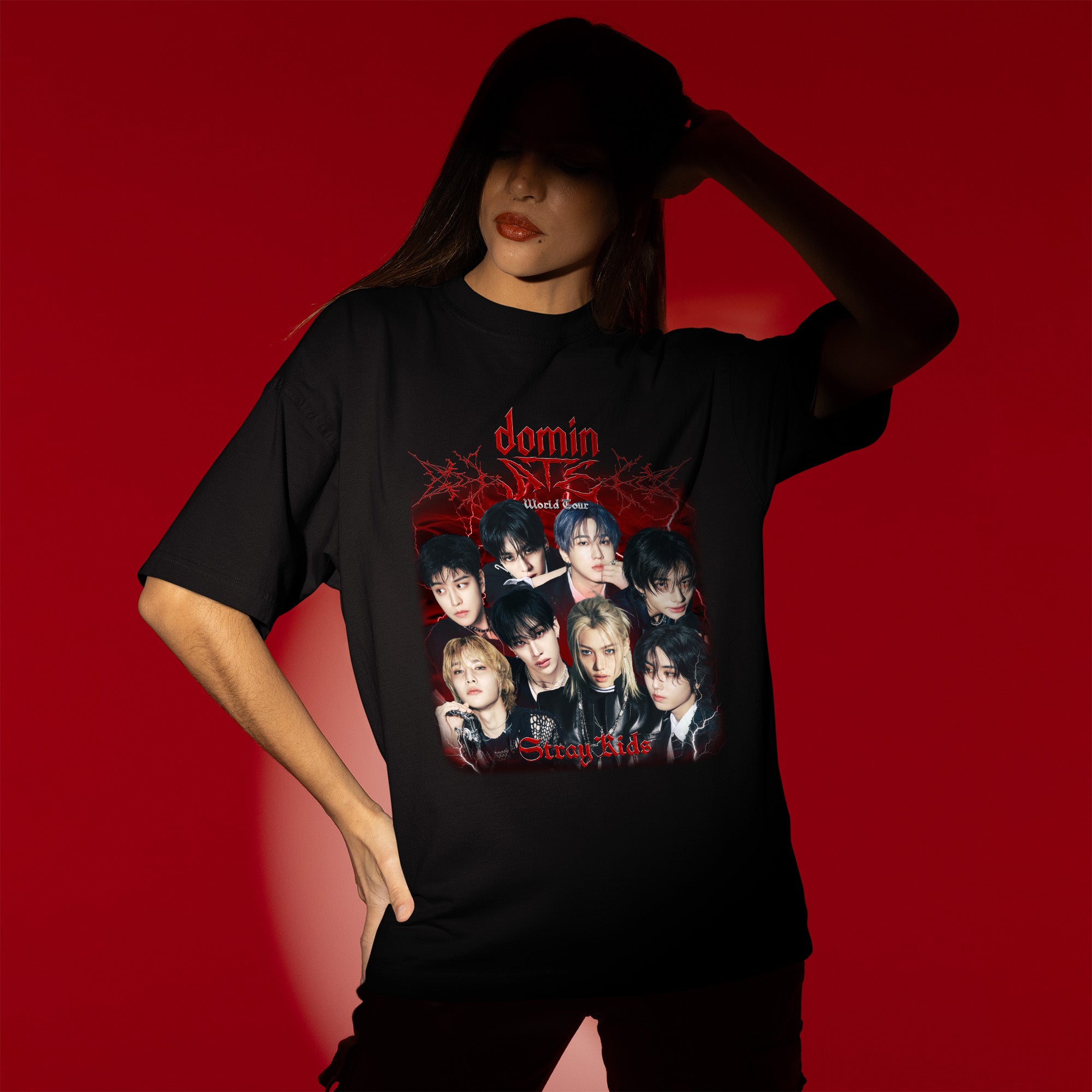 Stray Kids DominATE World Tour Retro T-Shirt - Women view, Y2K kpop concert tee