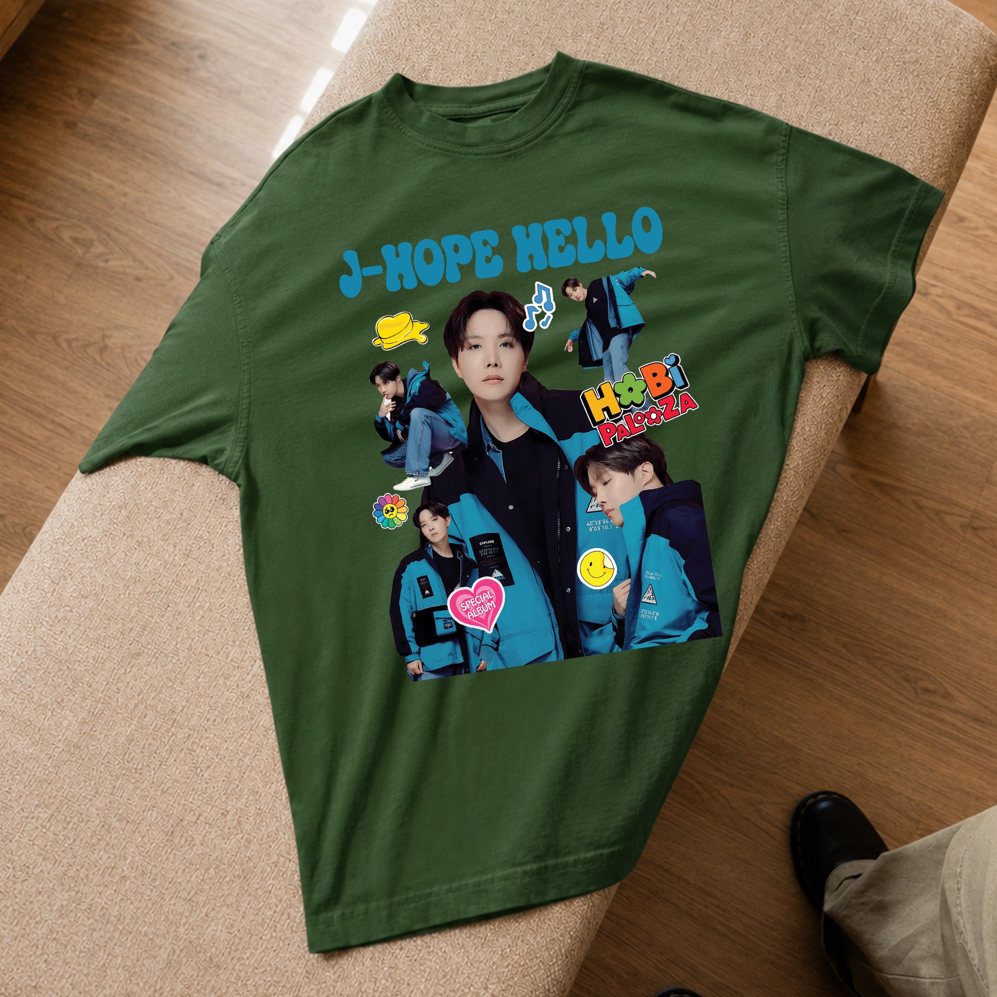 BTS J-Hope Hello Hobipalooza T-Shirt - Spread view, Y2K kpop concert tee