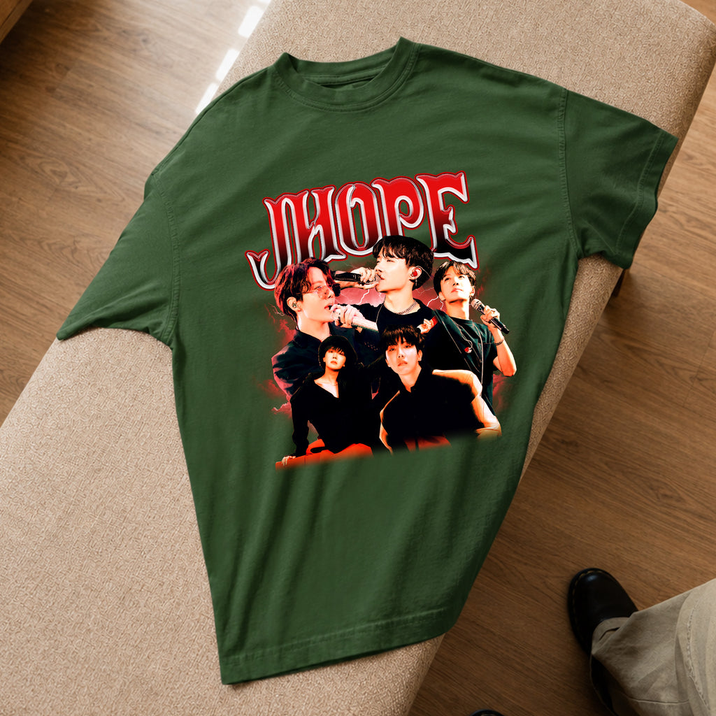 BTS J-Hope Graphic T-Shirt - Spread view, Y2K kpop concert tee
