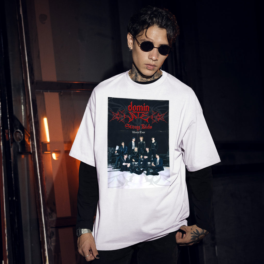 Stray Kids DominATE Area T-Shirt - Men Front view, Y2K kpop concert tee