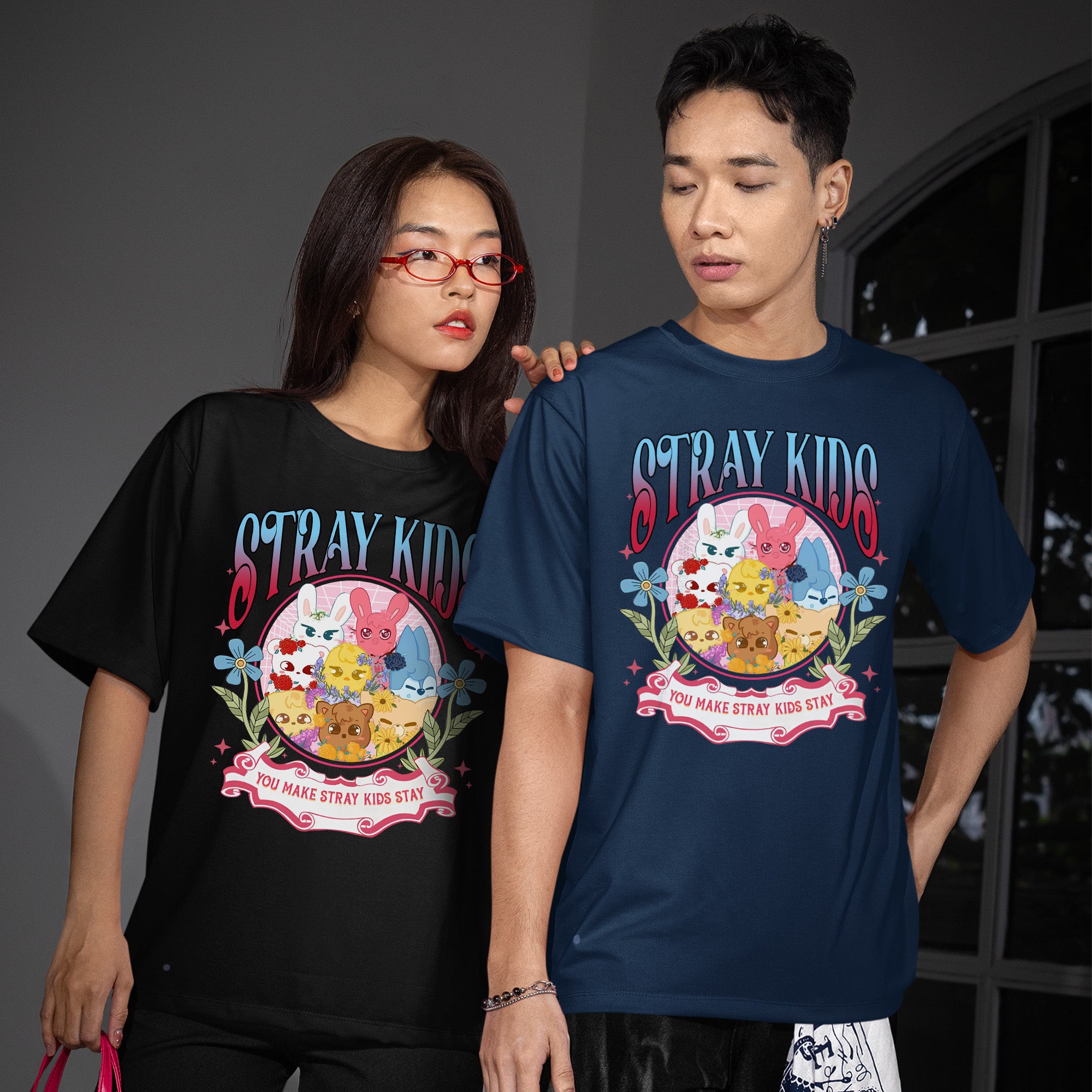 You Make Stray Kids Stay - Lovely Skzoo T-Shirt - Couple view, Y2K kpop concert tee