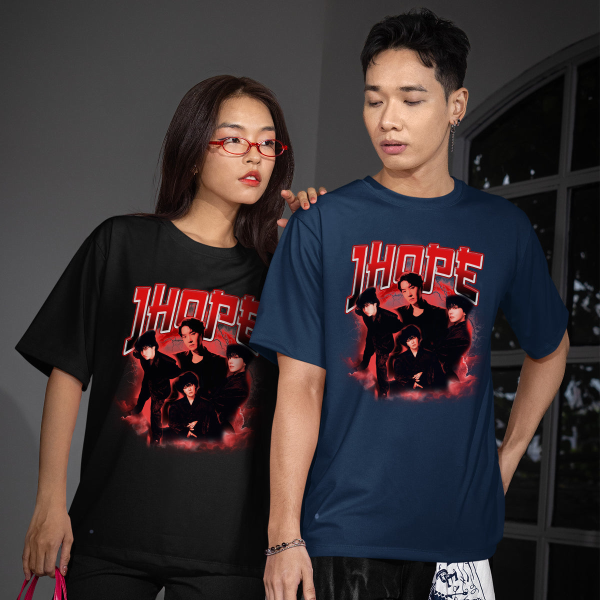 BTS J-Hope Graphic Full Size T-Shirt - Couple view, Y2K kpop concert tee