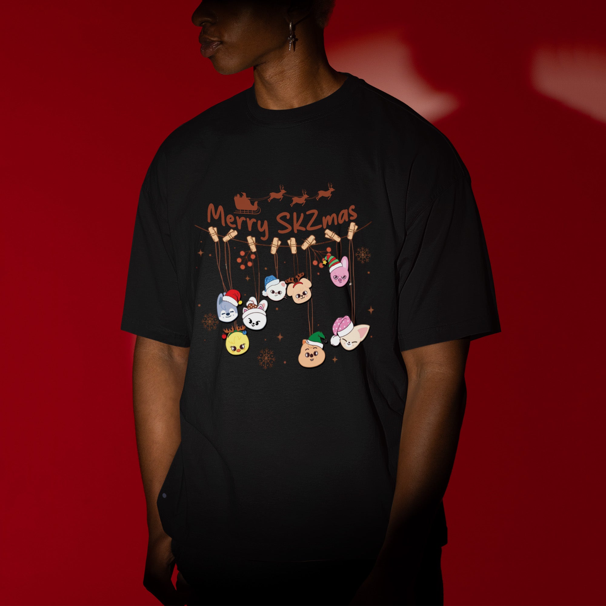 Stray Kids Merry Skzmas Skzoo T-Shirt - Men view, Y2K kpop concert tee