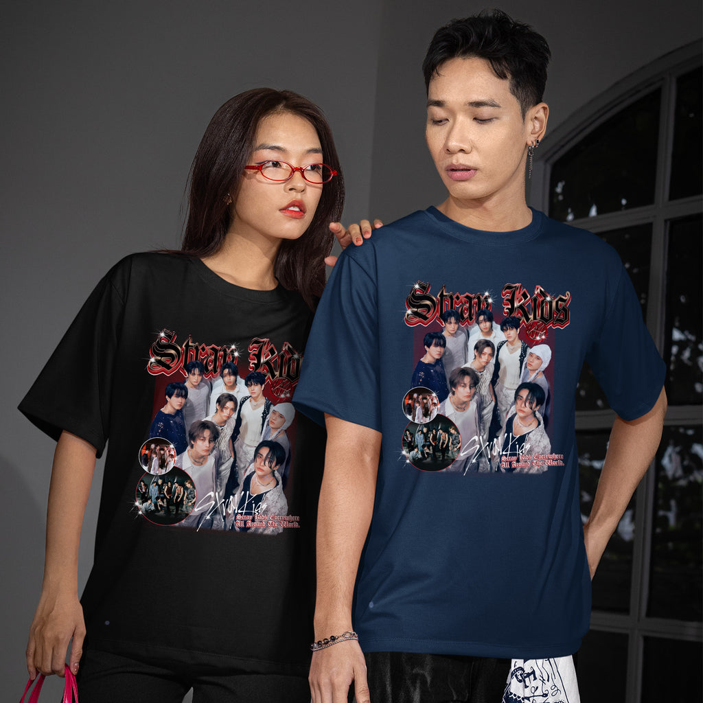Stray Kids Print T-Shirt - Couple view, Y2K kpop concert tee