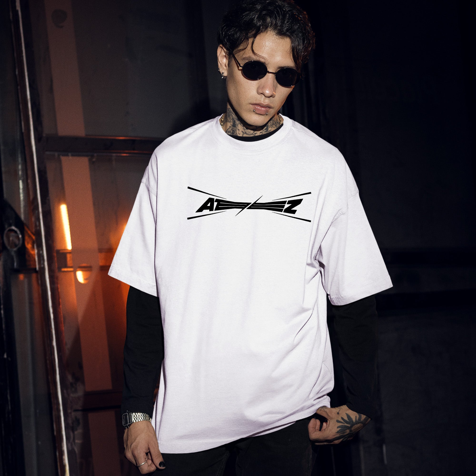 ATEEZ Eight Makes One Team T-Shirt - Men Front view, Y2K kpop concert tee