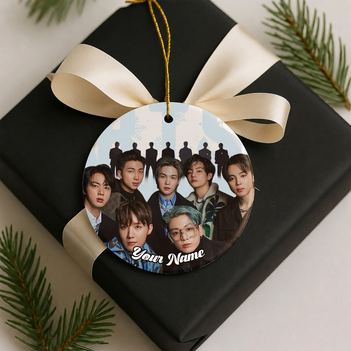 BTS Bangtan Boys 2026 Custom Name Ornament - ceramic round ornament, another view, fan-made kpop personalized Christmas ornament