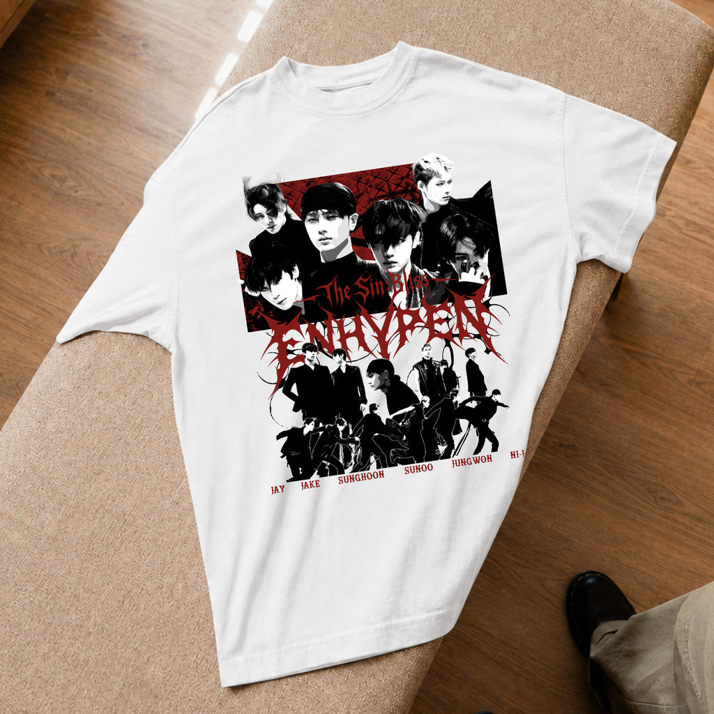 ENHYPEN THE SIN BLISS Member Graphic T-Shirt - Spread view, Y2K kpop concert tee