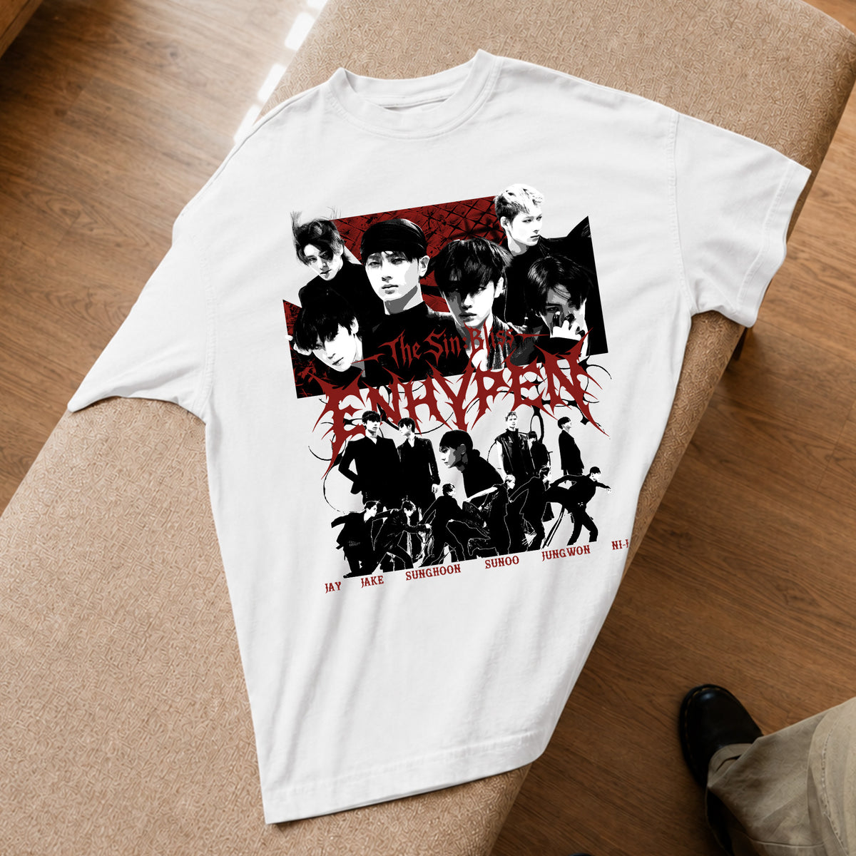 ENHYPEN THE SIN BLISS Member Graphic T-Shirt - Spread view, Y2K kpop concert tee