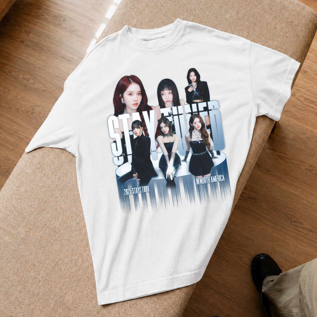 STAYC Graphic Stay Tuned T-Shirt - Spread view, Y2K kpop concert tee