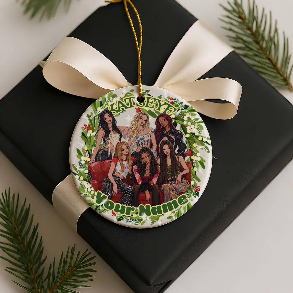 KATSEYE Holly Wreath Custom Name Ornament - ceramic round ornament, another view, fan-made kpop personalized Christmas ornament