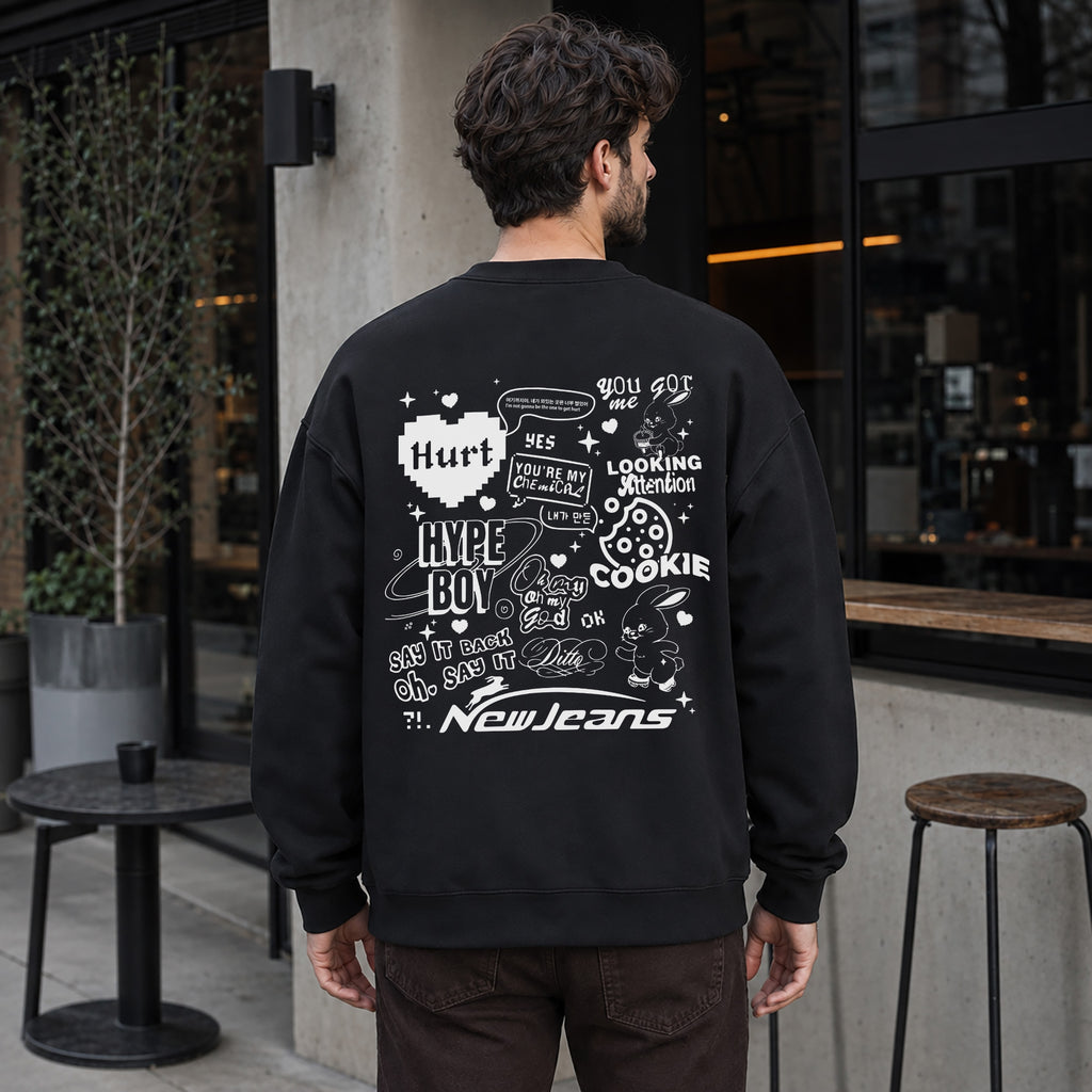 NewJeans Song Titles Sweatshirt - Men Back view, Y2K kpop concert sweatshirt