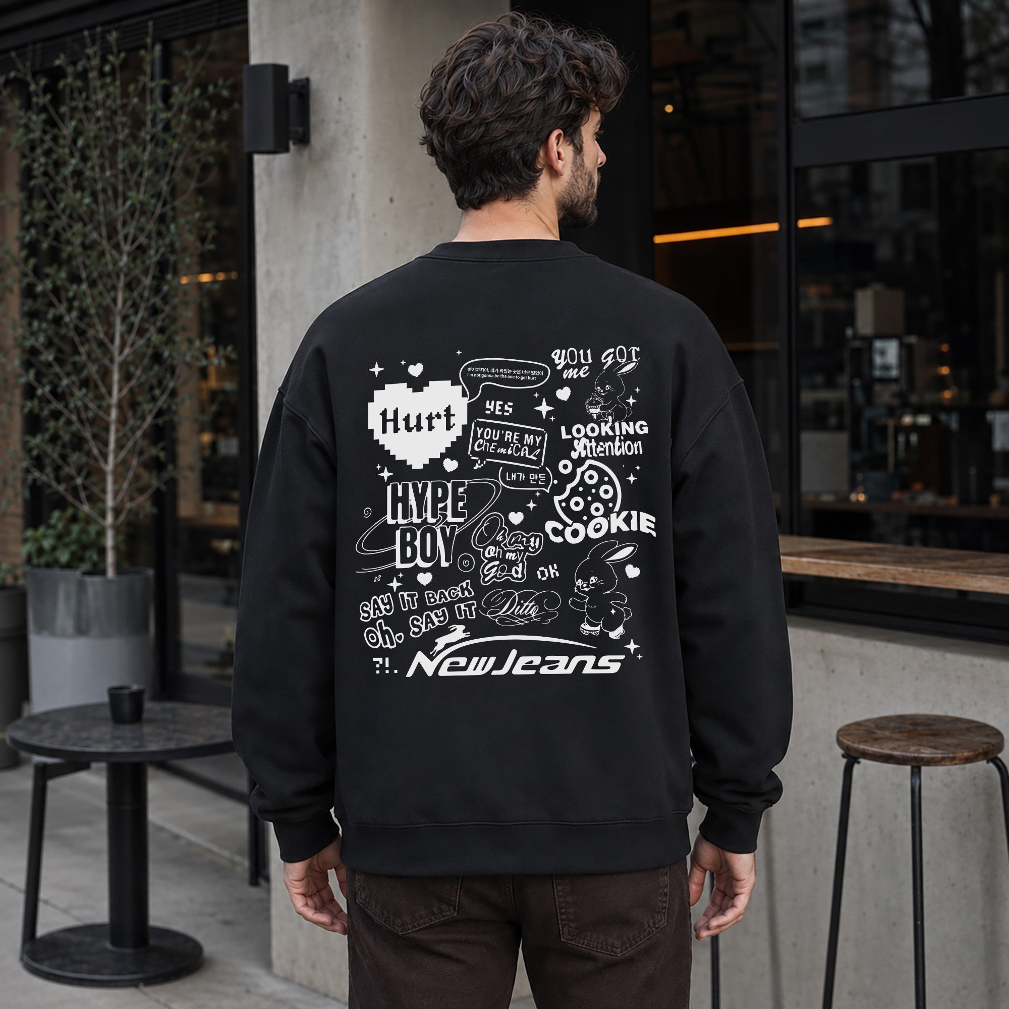 NewJeans Song Titles Sweatshirt - Men Back view, Y2K kpop concert sweatshirt
