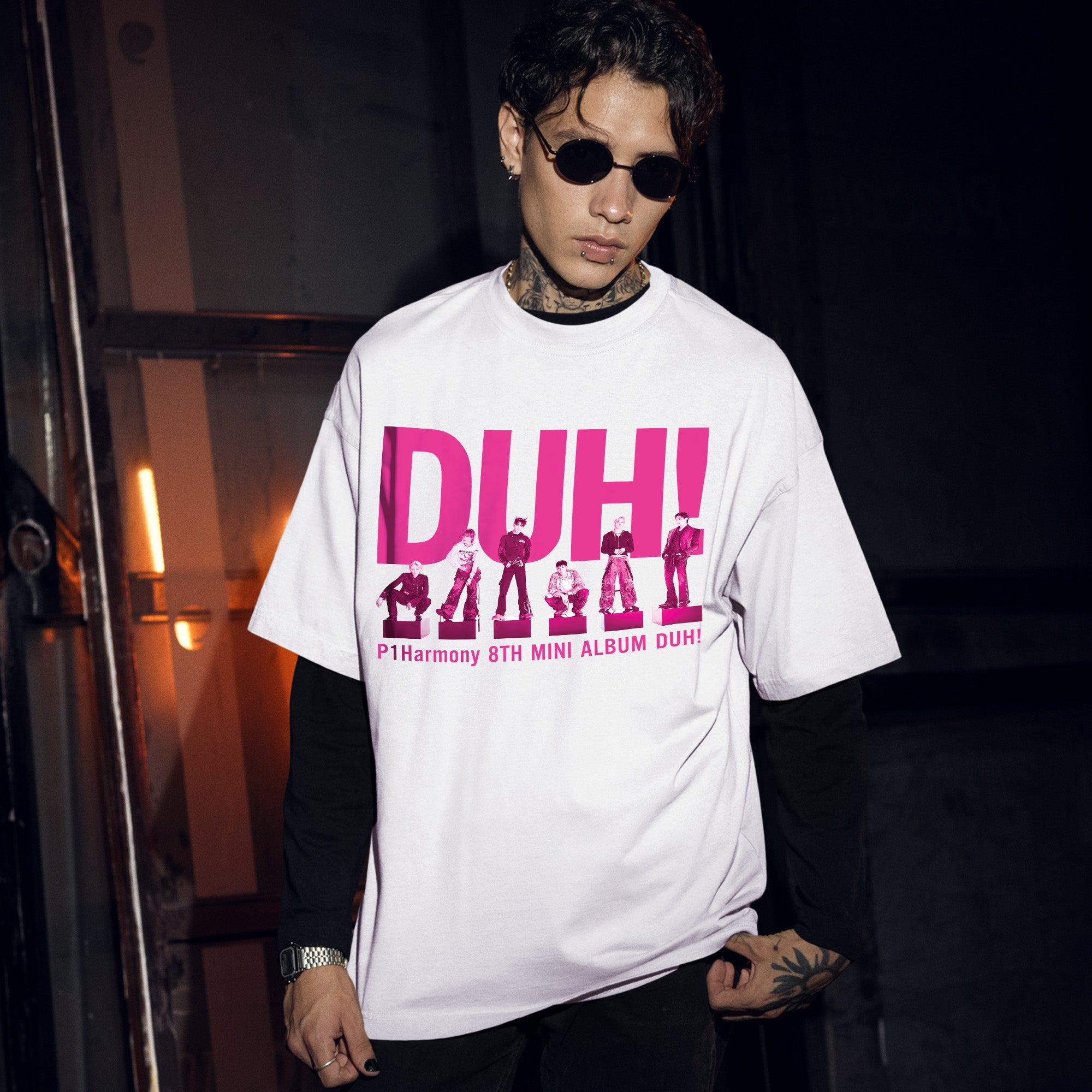 P1Harmony 8th Mini Album Duh! T-Shirt - Men Front view, Y2K kpop concert tee