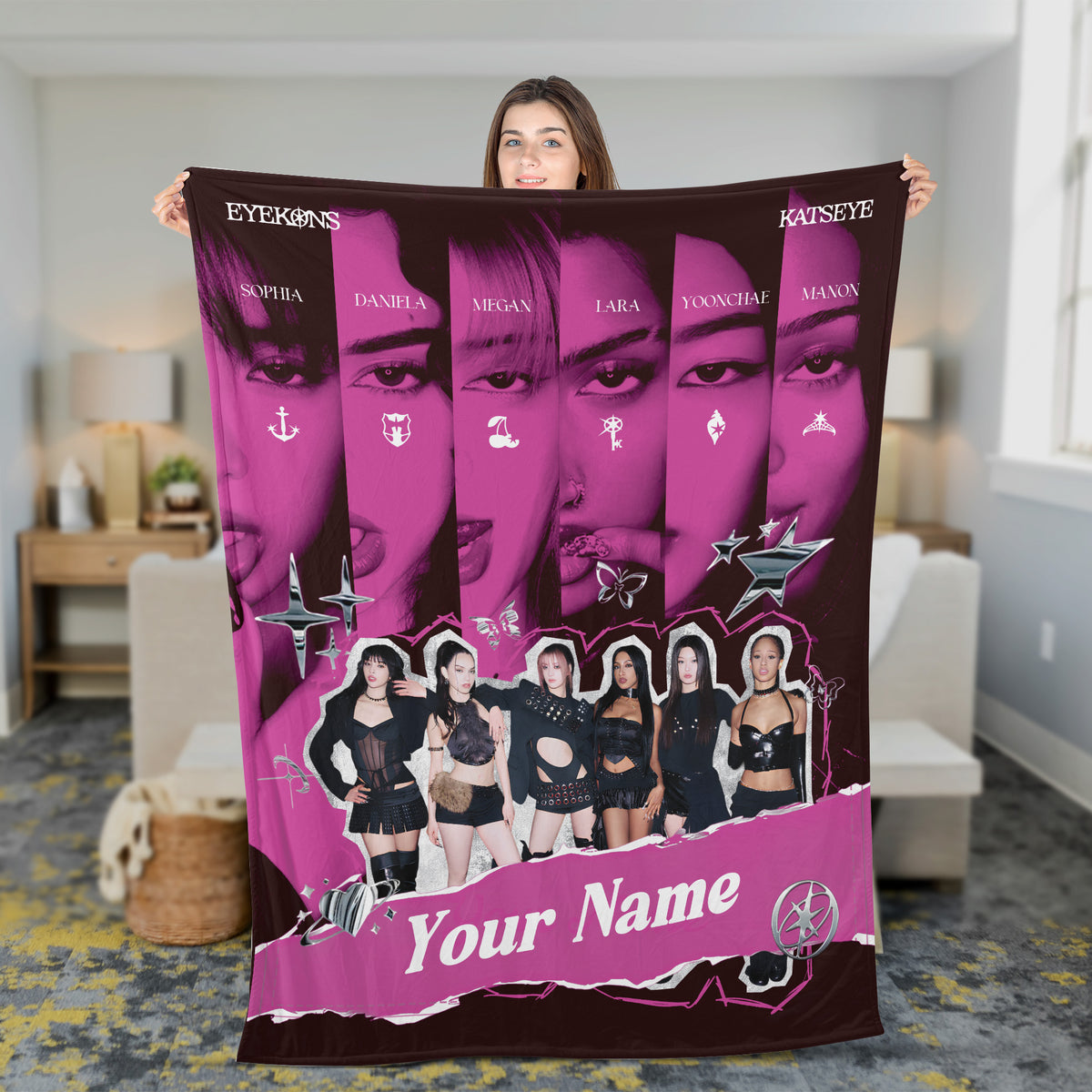 KATSEYE Eyekons Custom Name Blanket - held up to show the full print, fan-made kpop personalized fleece blanket