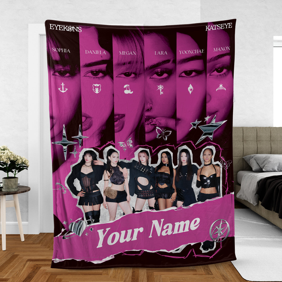 KATSEYE Eyekons Custom Name Blanket - bedroom view, fan-made kpop personalized fleece blanket