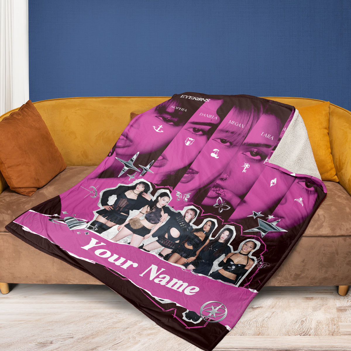 KATSEYE Eyekons Custom Name Blanket - on a sofa, fan-made kpop personalized fleece blanket