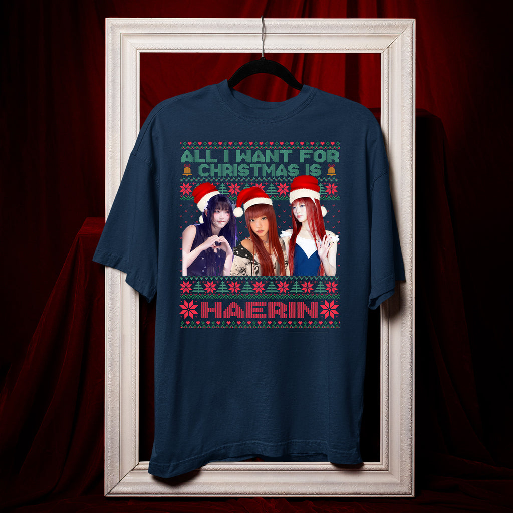 All You Want For Christmas Is Haerin T-Shirt - Hang view, Y2K kpop concert tee