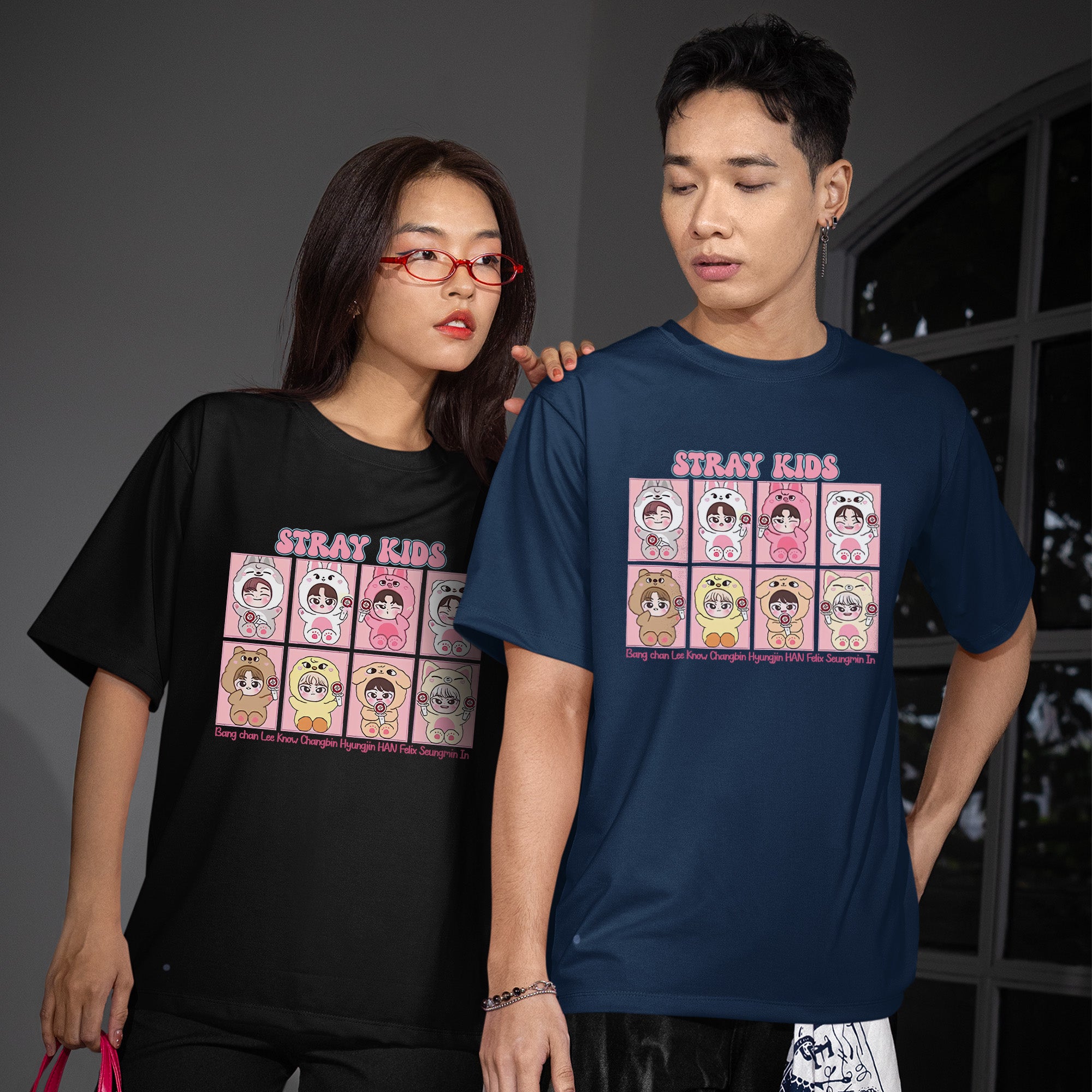 Stray Kids Cute Member T-Shirt - Couple view, Y2K kpop concert tee