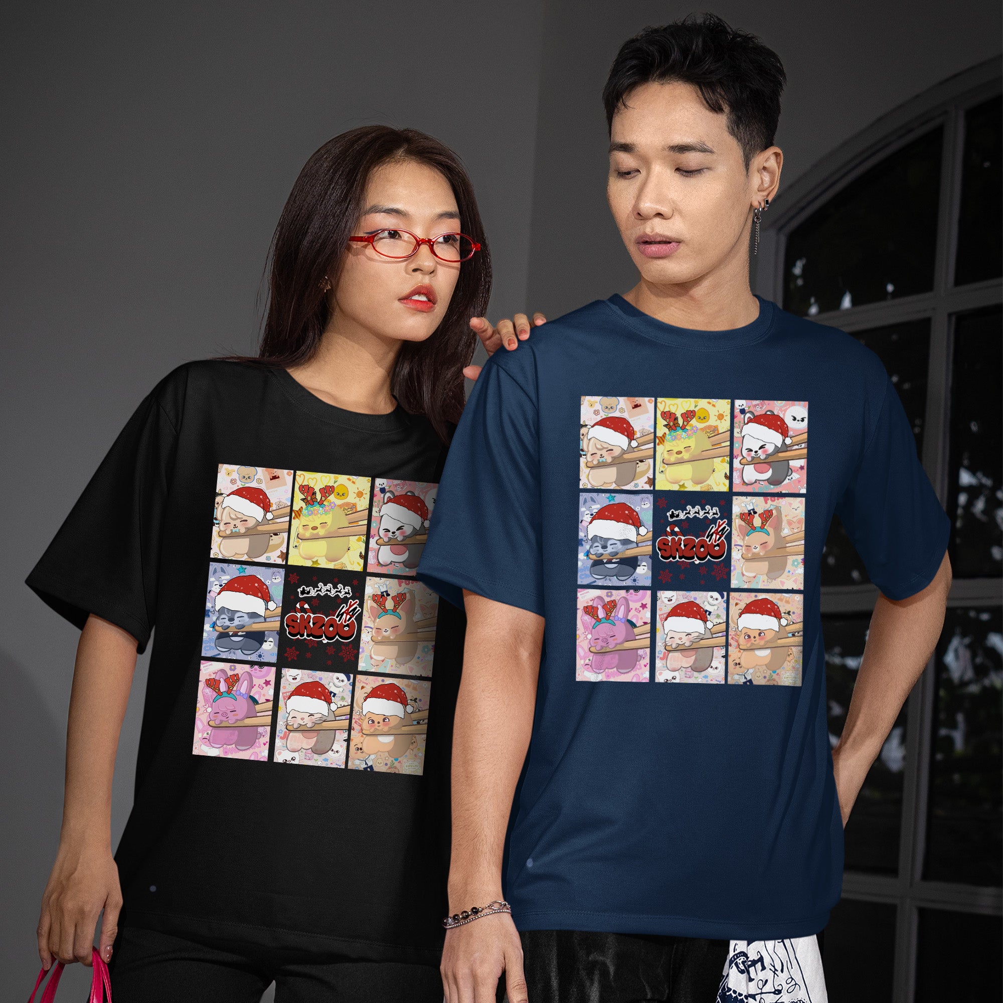 Stray Kids Adorable Skzoo Xmas T-Shirt - Couple view, Y2K kpop concert tee