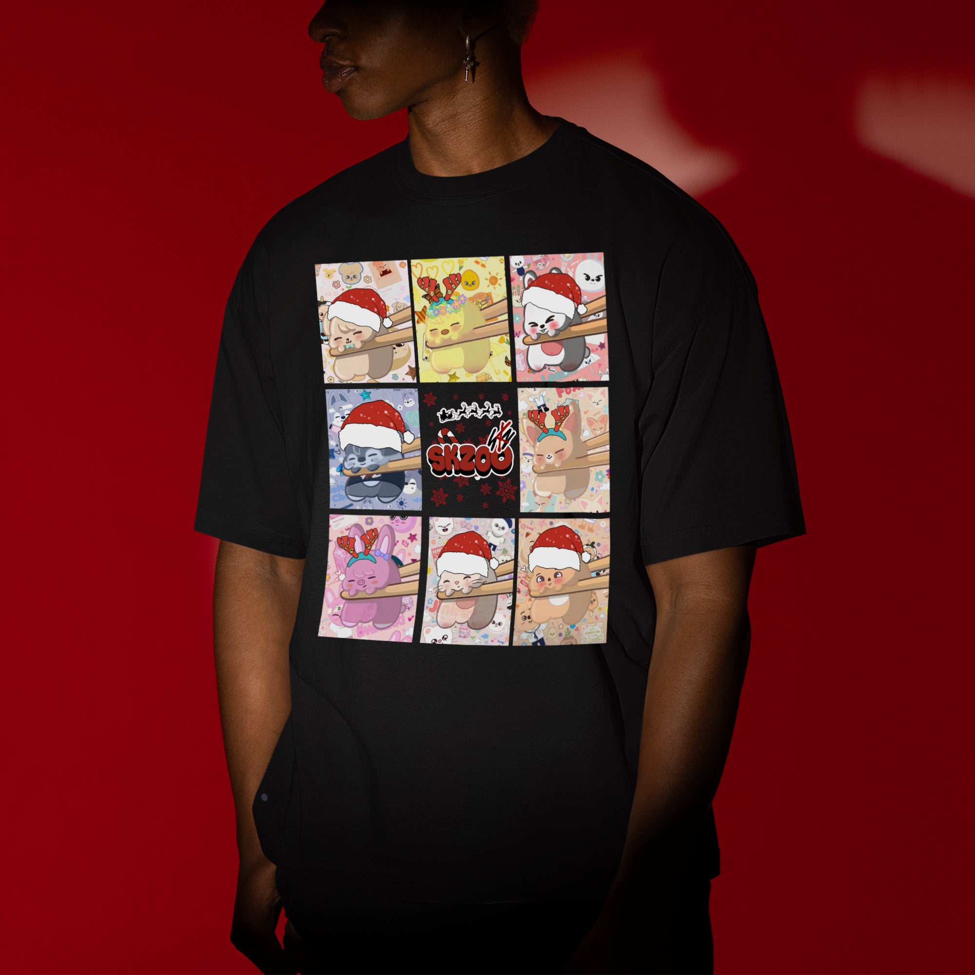 Stray Kids Adorable Skzoo Xmas T-Shirt - Men view, Y2K kpop concert tee